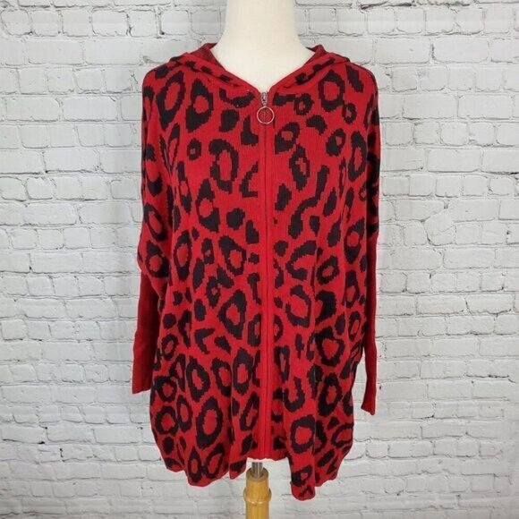 JOSEPH A Modern Leopard Hooded Zip Front Sweater M NWT Red Black - Picture 2 of 8